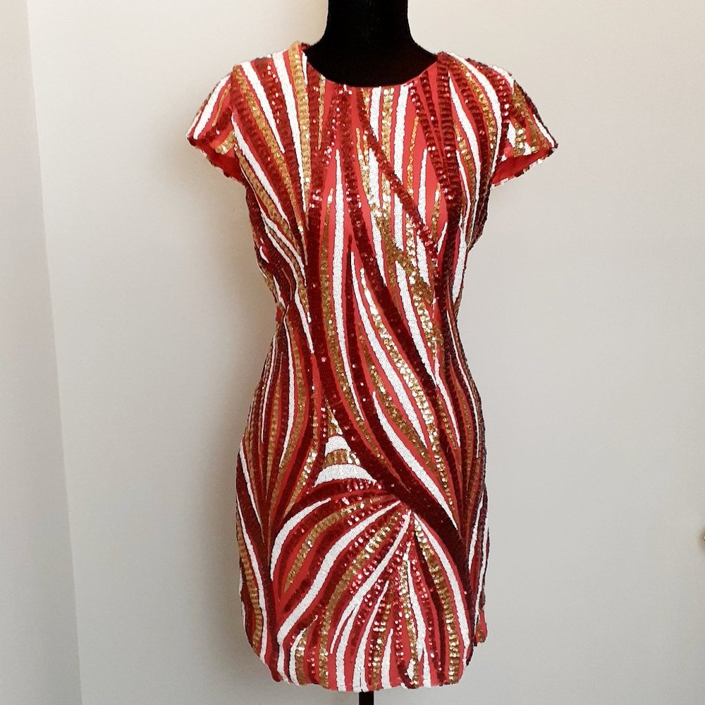 Banjul Red, White & Gold Sequin Dress Size Large